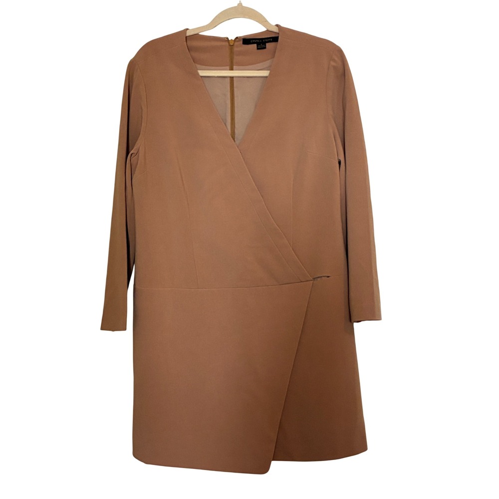 Cynthia Steffe Faux Wrap Dress Women Size 8 Tan Long Sleeve Office Old Money